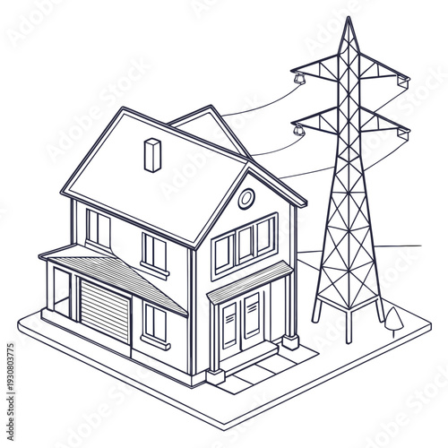 Isometric house with power line and transmission tower