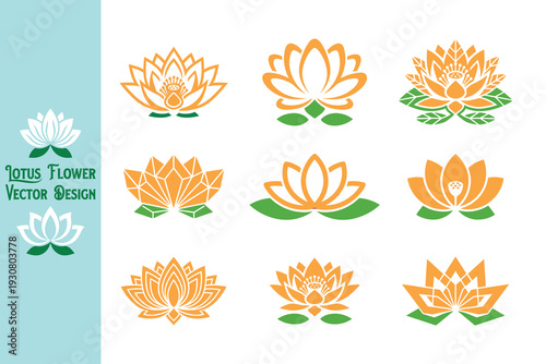 vector set of hand drawn  lotus flowers. Golden lotus flower icon set with green leaf bases. Collection of various floral silhouettes for yoga, zen, and meditation branding projects. Design. Vector