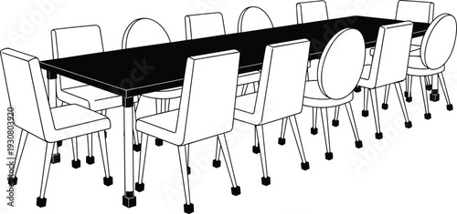 Long Dining Table with Multiple Chairs Perspective View Black and White Interior Furniture Vector Illustration Isolated