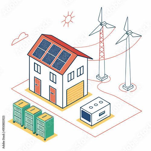 Isometric house with solar panels and wind turbines connected to battery storage and inverter