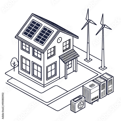 Isometric smart home with solar panels and wind turbines