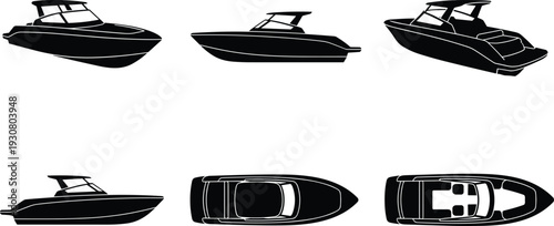 Luxury Speedboat Silhouette Set with Side and Top Views Modern Motor Yacht Black Vector Collection Isolated