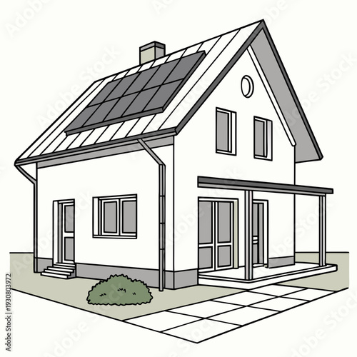 Solar powered house with gray roof and white walls