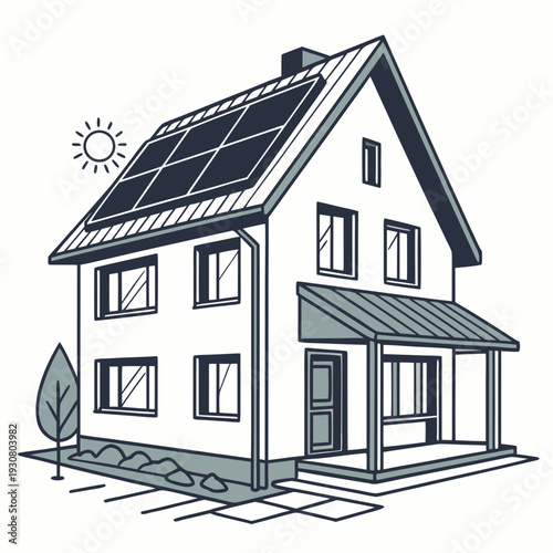 Solar powered house with gray and white exterior and solar panels on roof