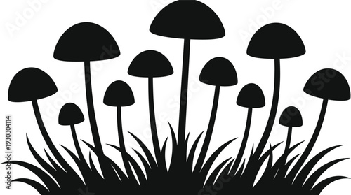 Mushroom Silhouette Collection Growing in Grass Isolated on White Background Nature Fungi Vector Illustration