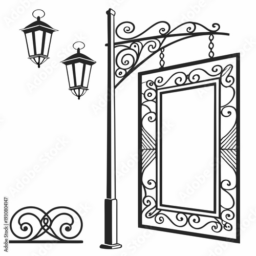 Elegant vintage style mirror with intricate ironwork and matching wall lamp