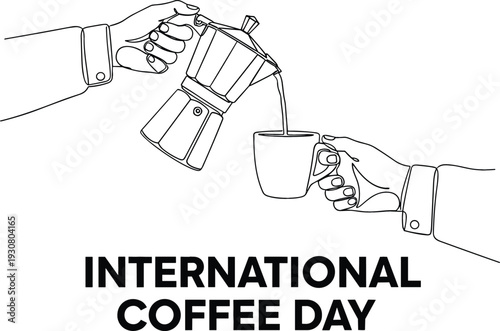 International Coffee Day celebration concept with hand pouring fresh coffee from moka pot into cup line art.International