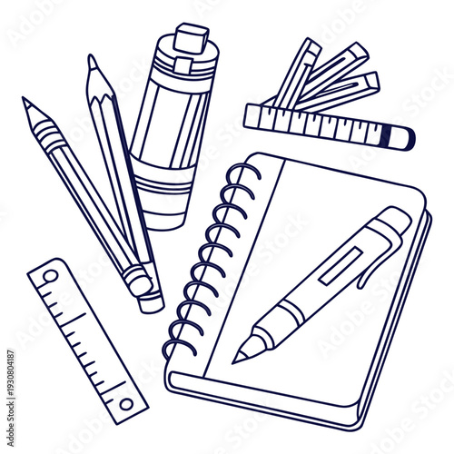 A collection of various art and design tools laid out on a table