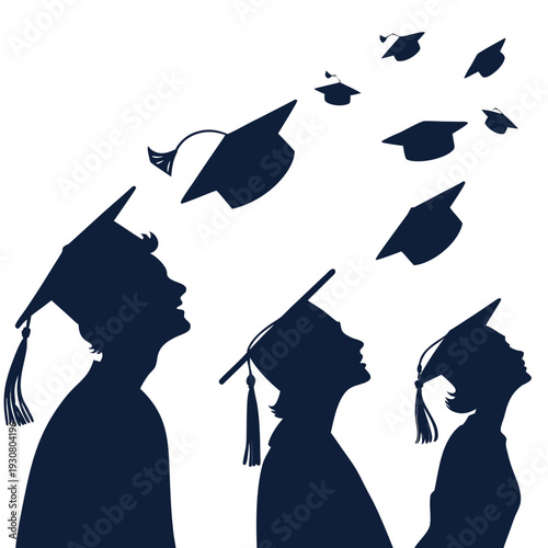 Silhouettes of graduates with caps flying in the air.