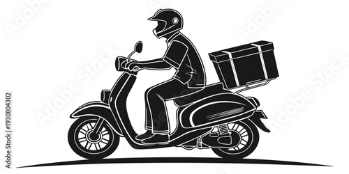 A delivery person on a scooter carrying a large package on the back.
