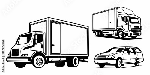 A black and white illustration of a truck, a car, and a van parked side by side