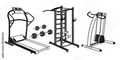 A variety of exercise equipment including treadmills and weight machines.
