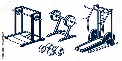 A collection of gym equipment including a squat rack, weights, and a treadmill