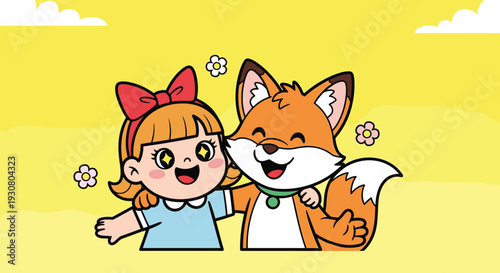 Cartoon Girl and Fox Character Illustration.