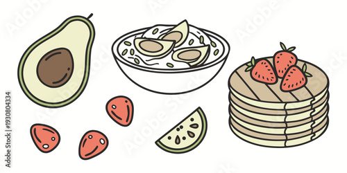 A colorful assortment of fresh fruits and desserts on a white background