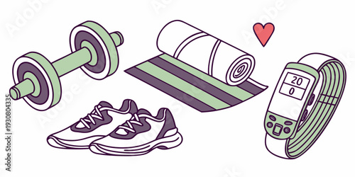 A variety of fitness equipment including dumbbells, a yoga mat, running shoes, and a pedometer.