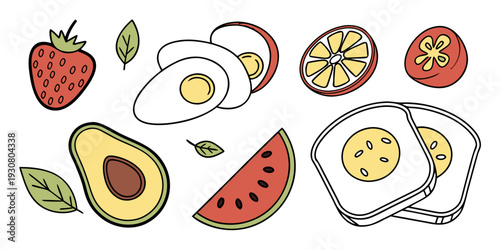 Assorted breakfast foods including eggs, avocado, and watermelon