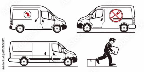 Illustration of delivery van options and a person delivering a package