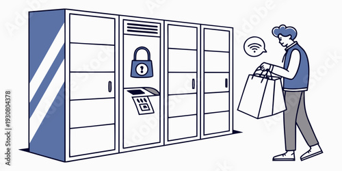 A man picking up a package from a secure locker using a digital key.