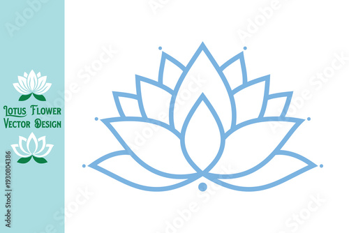 Lotus flower vector illustration. Large light blue lotus flower outline with decorative dot detail. Minimalist geometric floral symbol for calming zen and wellness branding. Design. Vector
