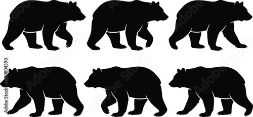 Walking Bear Silhouette Set with Grizzly Poses Isolated on White Background Wildlife Vector Illustration Collection