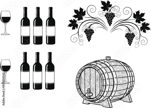 Winery and vineyard vector set, wine bottles and glasses, wooden oak barrel, decorative grape vines, cad drawing flat vector illustration, isolated.