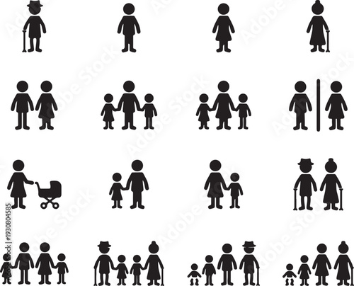 generational, vector, illustration, icons, design, family, silhouettes, people, parents, children, baby, stroller, elderly, couple, generation, group, figures, human, representation, diversity, relati