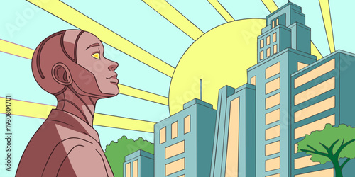 AI robot and human interaction in smart city environment symbolizing artificial intelligence partnership, automation technology, digital transformation, and future innovation.