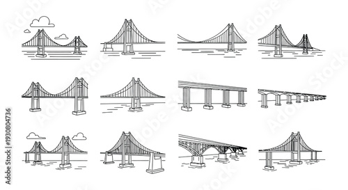Line art illustrations depicting various suspension bridge designs and viewpoints