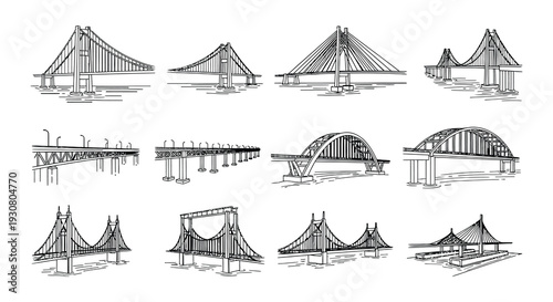 Line art illustrations depicting various suspension bridge designs and viewpoints