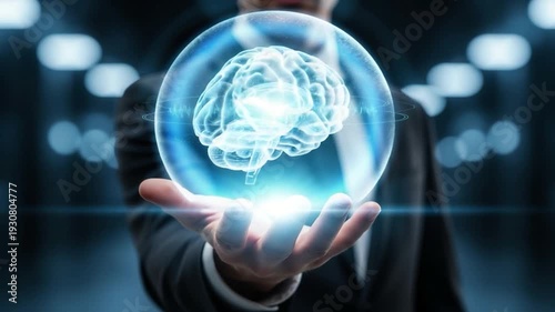 An intellectual man cradles a glowing brain within a sphere, embodying the essence of intelligence, knowledge, and innovation.