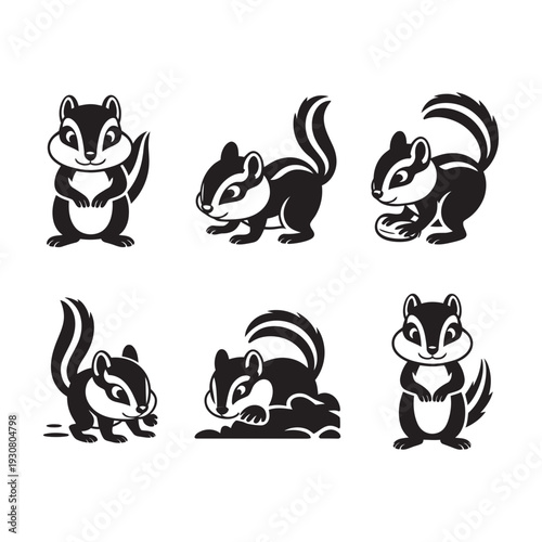 An adorable collection of six cartoonish black and white chipmunk illustrations in various lively poses.