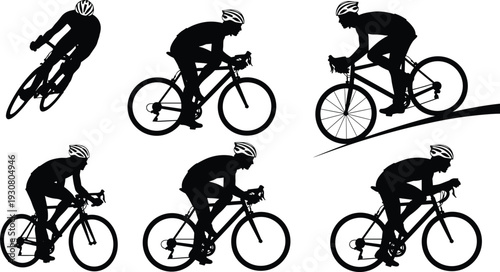 Cyclist silhouettes in various riding positions, road bicycle, helmet safety, sprinting, racing, uphill climb, cycling motion, sport illustration