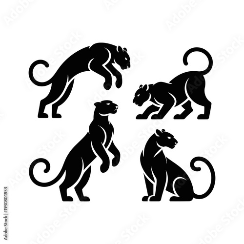 This powerful image displays four black panther silhouettes in various dynamic and predatory poses.