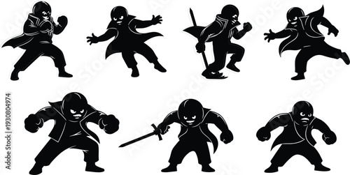 Action character silhouettes in combat poses, coat costume, sword fighting, running, crouching, battle stances, video game concept, comic illustration