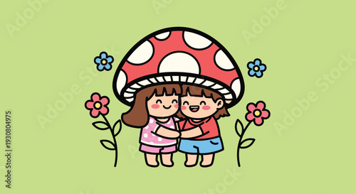 Cartoon Children Hugging Under Mushroom.
