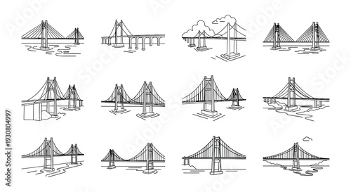 Line art illustrations depicting various suspension bridge designs and viewpoints
