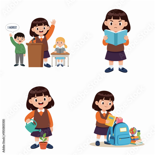 Cute Cartoon Young Girl in Various Poses and Activities Illustration Set