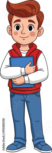Young boy with red hair wearing a blue jacket and red sweater holding a book with arms crossed