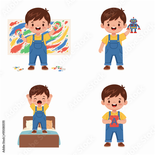 Cartoon Flat Style Little Boy Illustration Set with Different Activities
