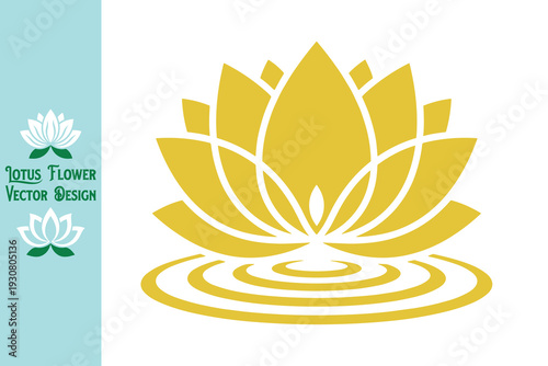 Vector illustration of a lotus flower. Ornate golden lotus flower silhouette with radiating water ripples. Spiritual floral icon for meditation, enlightenment, and holistic branding. Design. Vector