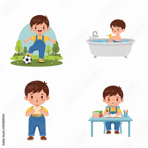 Cartoon Joyful Boy in Various Activities Illustration Set on White Background