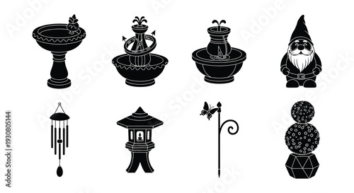 Black and white illustrations of garden ornaments and decorative elements