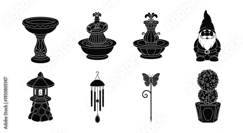 Black and white illustrations of garden ornaments and decorative elements