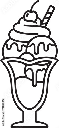 Delicious Ice Cream Sundae with Whipped Cream, Cherry, and Wafer Stick Line Art Illustration, Classic Dessert for Cafe Menus and Sweet Ads