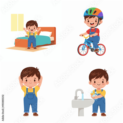 Cute Cartoon Style Boy Daily Activities Illustration Graphic Asset Set