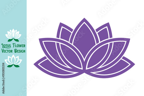 Vector lotus flower. Purple lotus flower silhouette with double white outline layers. Vibrant floral icon for energetic wellness centers and spiritual growth branding. Vector illustration