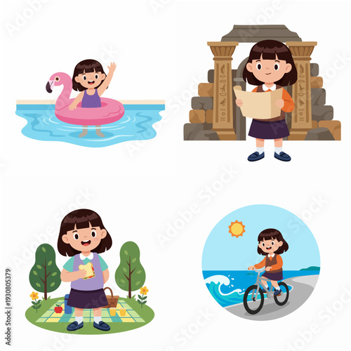 Cartoon Flat Illustration Girl Enjoying Holiday and Vacation Activity Set