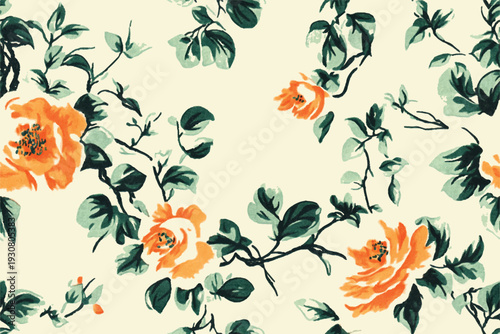 Floral pattern with peach and green flowers, leaves, and vines on a cream background. Hand-drawn vector illustration of a retro floral print for textile design, wallpaper, and other graphic designs.