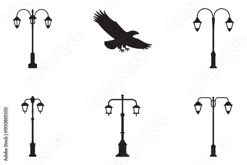 Classic street light vector icons set. various outdoor lanterns and a soaring eagle silhouette